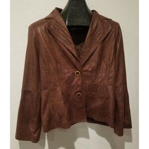 City Girl Nancy Bolen Womens Medium Faux Leather Jacket Two-Button Brown Lined